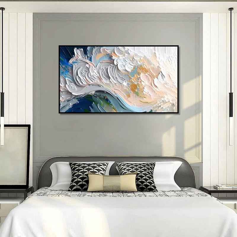 New Design Green Blue And White Seawaves Thick Canvas Handmade Oil Painting Original Abstract Beige Blue Sea Scape Wall Art Decor