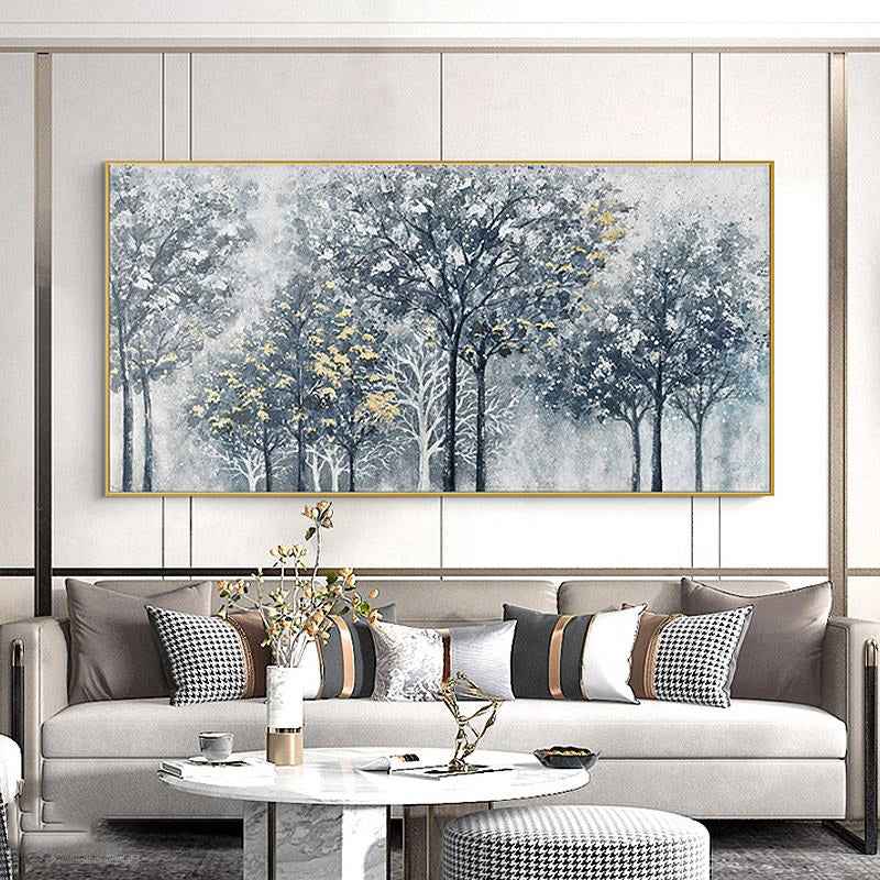 Handmade Abstract Silver-gray Forest Tree Texture Painting Wall Art On Canvas Hand Drawn New Blue And Golden Oil Painting For Home Decor