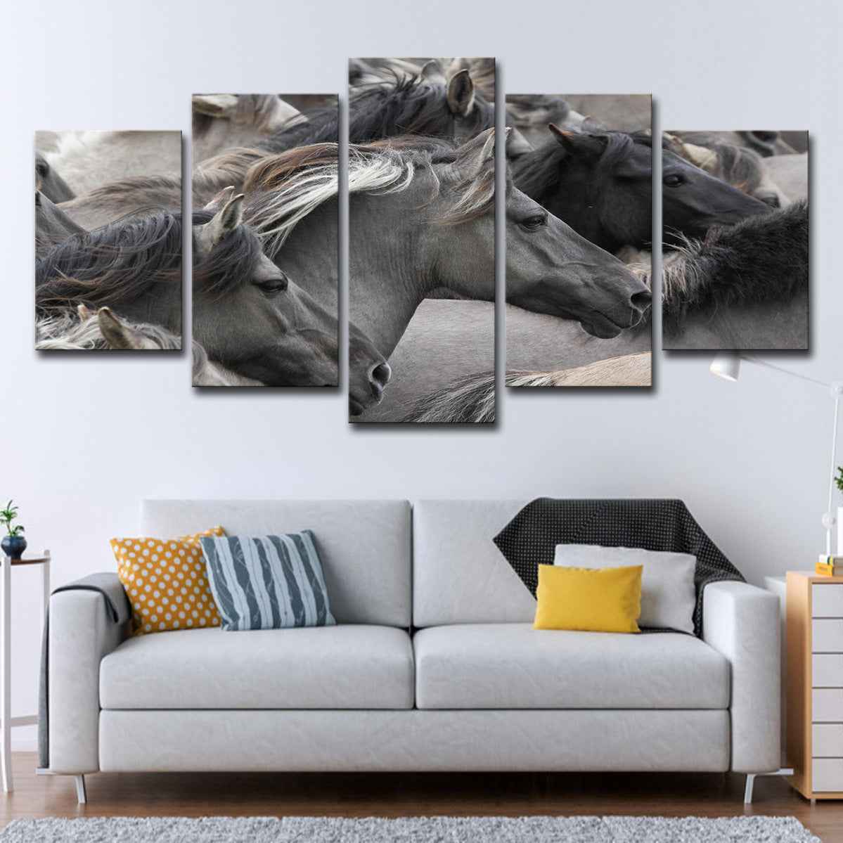 5-piece Grey And Black Horse Group Wall Art For Living Room And Bedroom Home Decor