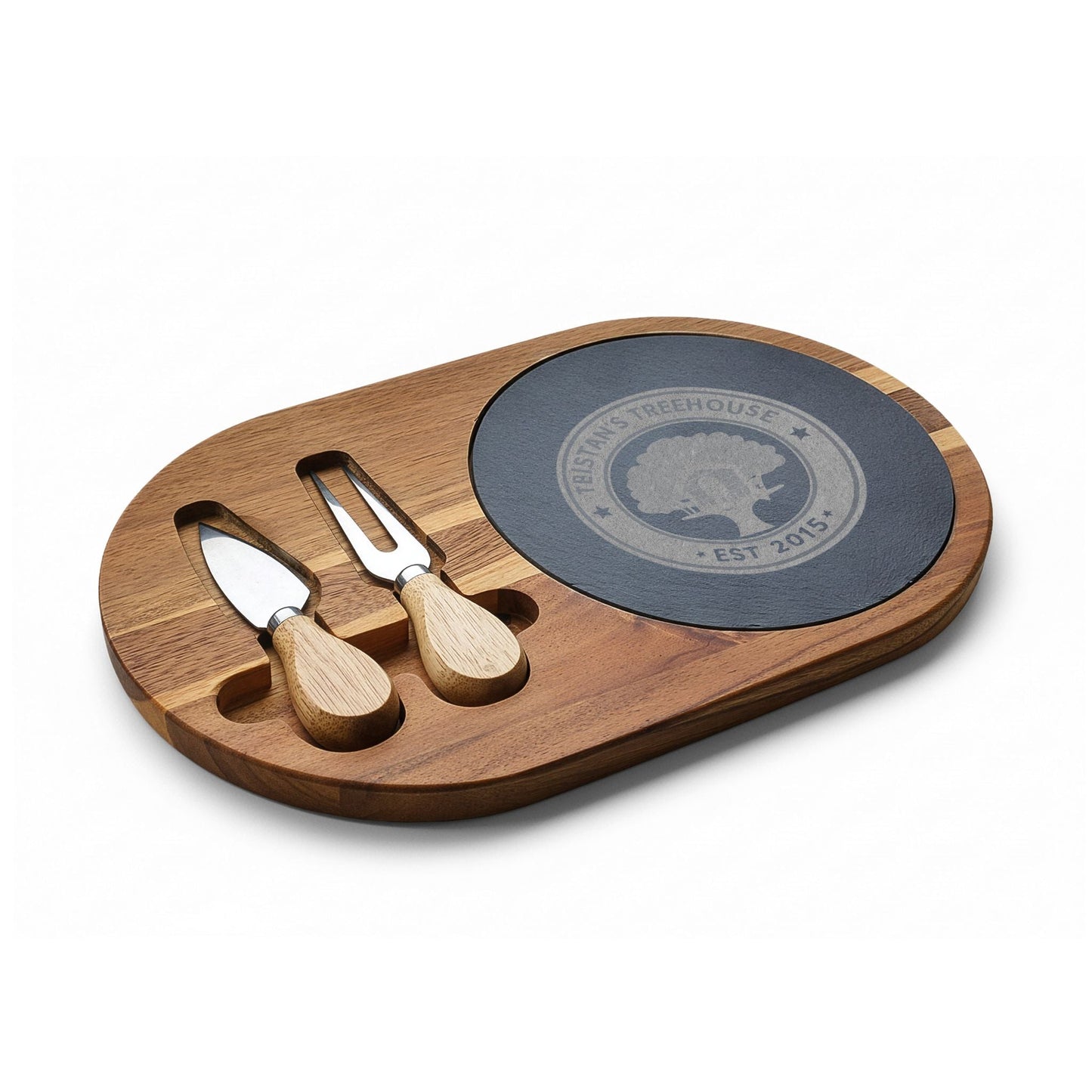 Engraved Tristans Treehouse Acacia Charcuterie Board with Slate Insert & Cheese Knives
