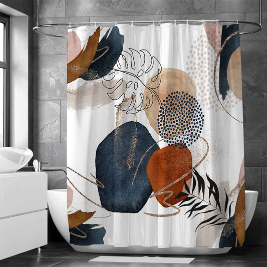 Modern Retro Neutral Waterproof Shower Curtain Set - Abstract Geometric Waffle Weave Fabric for Minimalist Bath Decor