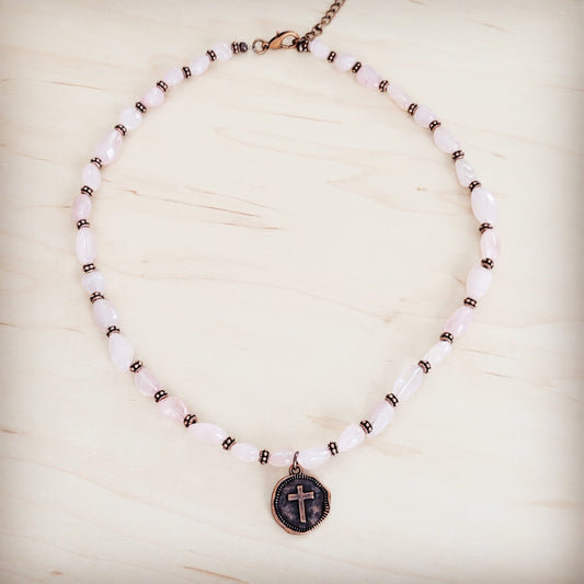 **Rose Quartz Collar Necklace w/ Copper Cross Round Charm 263j