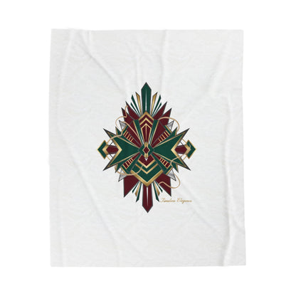 Art Deco Emerald & Burgundy Geometric Velvet Throw Blanket | Brass Chrome Fan Motif