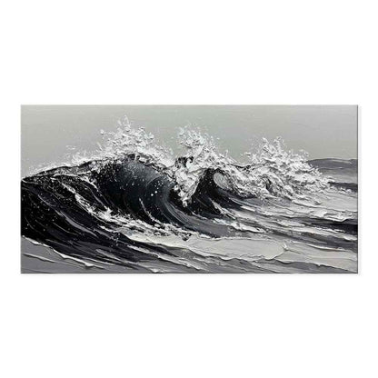 Large Gray And White Seawaves Seascape Oil Painting On Canvas Handmade Black Texture Knife Thick Wall Art For Home Living Room Decor Mural