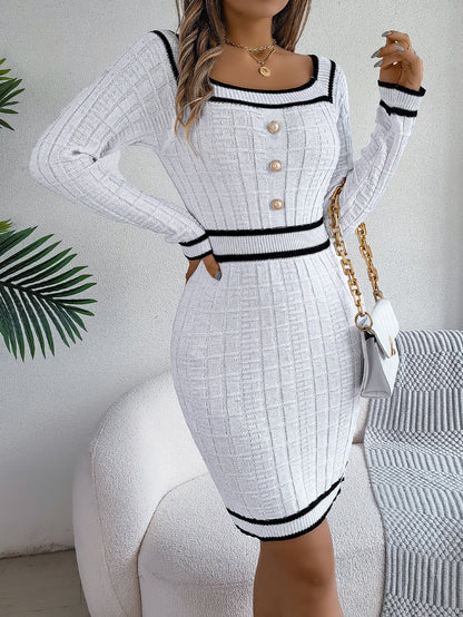 Women's Long-Sleeved Knit Sweater Dress - Elegant Slim-Fit Button Detail Hip Skirt