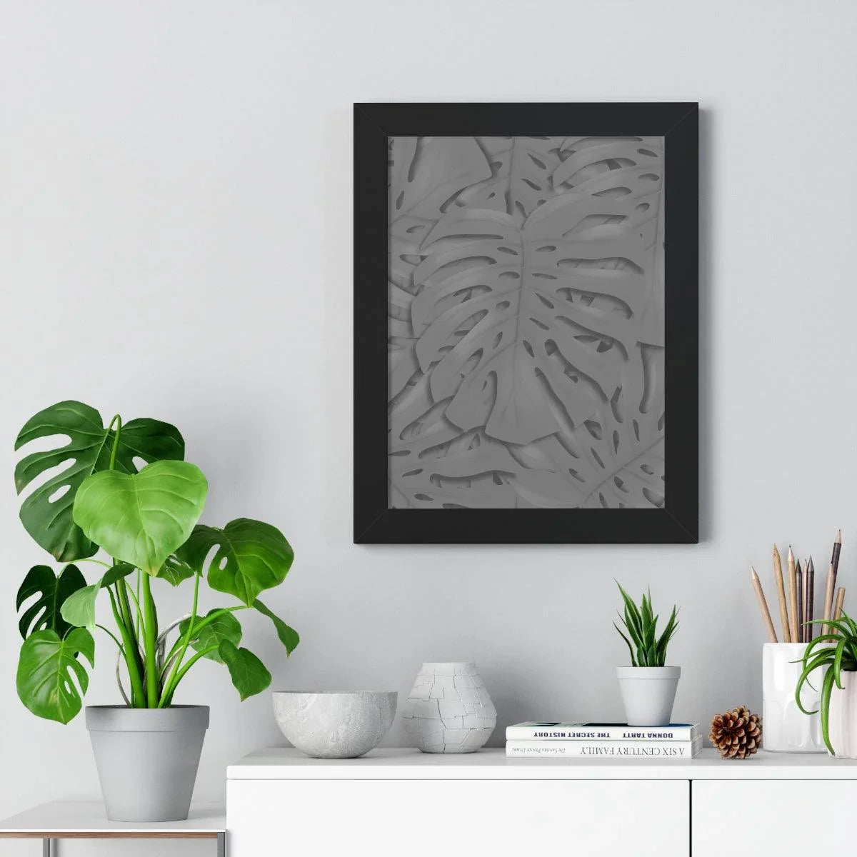 Grey Monstera Framed Print – Botanical Wall Art