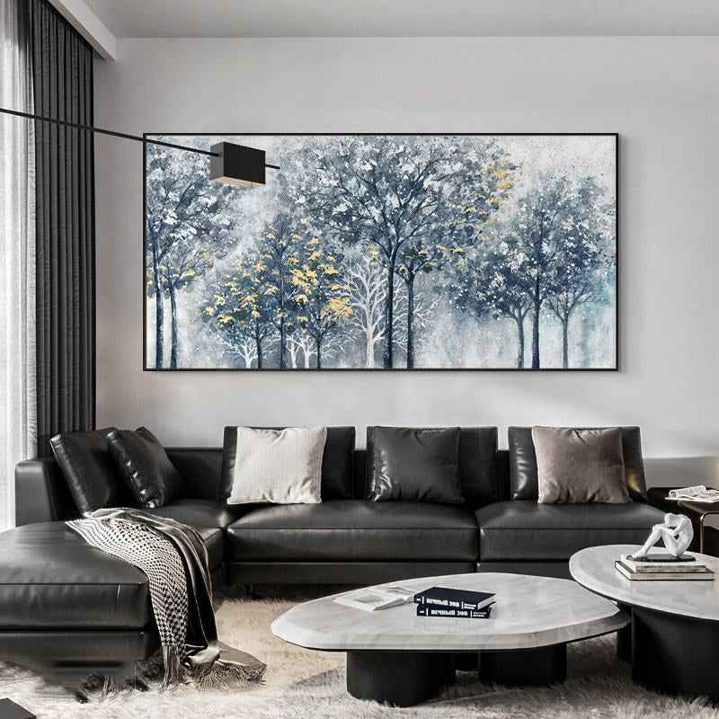 Handmade Abstract Silver-gray Forest Tree Texture Painting Wall Art On Canvas Hand Drawn New Blue And Golden Oil Painting For Home Decor