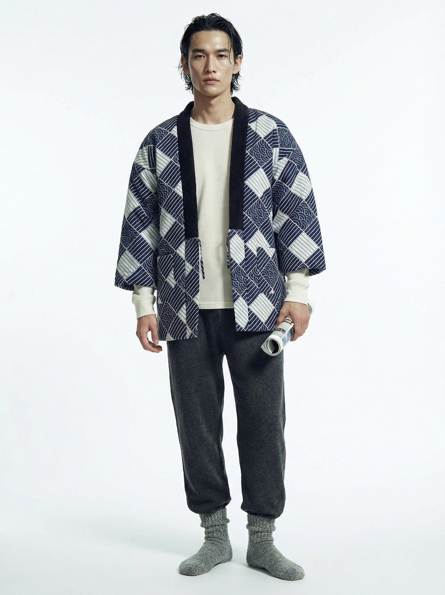 Men's Haori Style Autumn Winter Quilted Jacket Japanese Kimono Coat, Striped Loungewear, Indoor Wear. Lightweight Thermal Japanese Style Cotton Coat