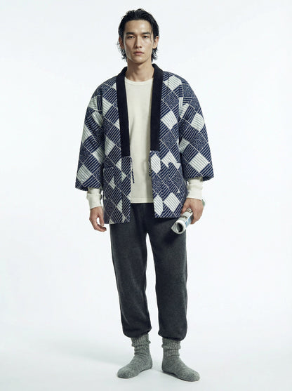 Men's Haori Style Autumn Winter Quilted Jacket Japanese Kimono Coat, Striped Loungewear, Indoor Wear. Lightweight Thermal Japanese Style Cotton Coat