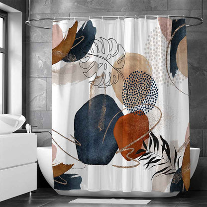 Modern Retro Neutral Waterproof Shower Curtain Set - Abstract Geometric Waffle Weave Fabric for Minimalist Bath Decor