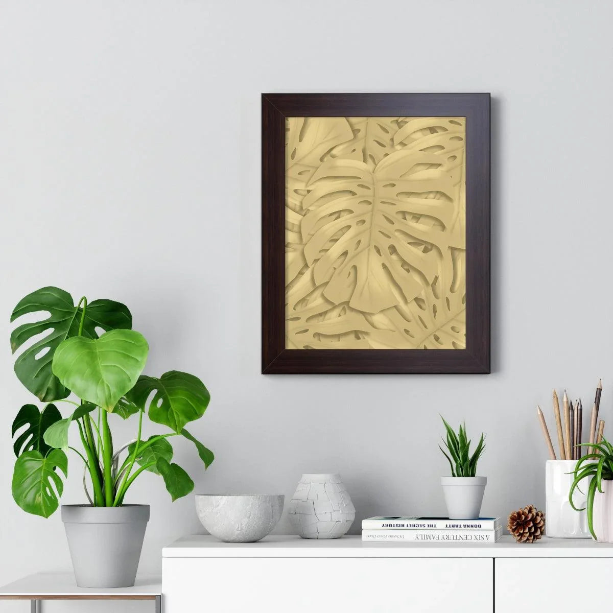 Golden Monstera Framed Print – Botanical Wall Art