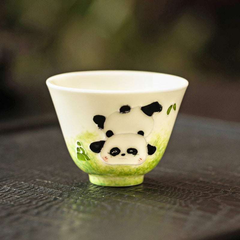 Ceramic Cup Hand Drawn Pile Carving Panda Wishing Cup