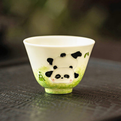 Ceramic Cup Hand Drawn Pile Carving Panda Wishing Cup