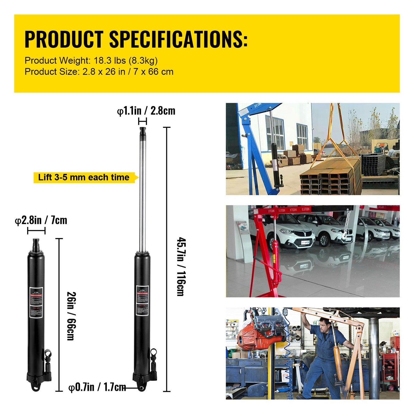 VEVOR Hydraulic Long Ram Jack, 3 Tons/6600 lbs Capacity, with Single Piston Pump and Clevis Base, Manual Cherry Picker with Handle, for Garage/Shop Cranes, Engine Lift Hoist, Black