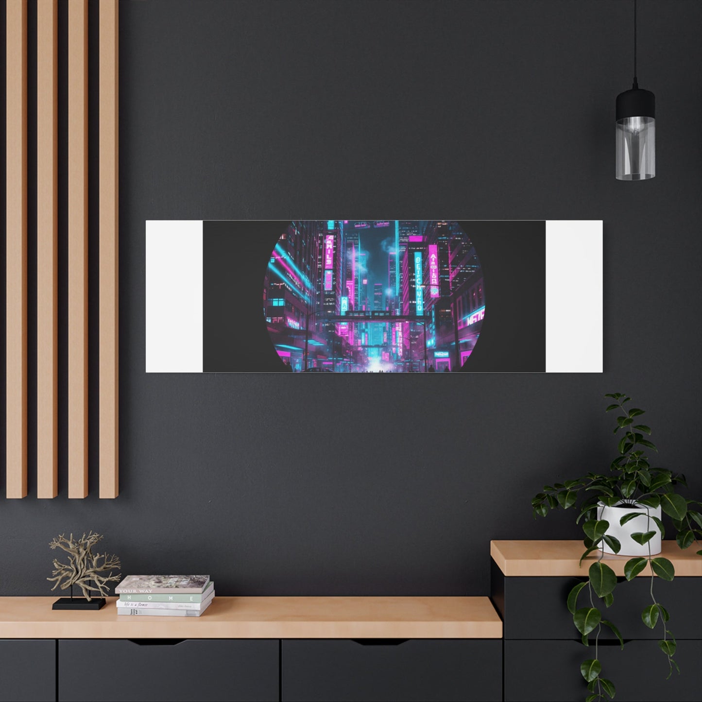 Neon Cyberpunk Cityscape Canvas | synthwave skyline, future city art