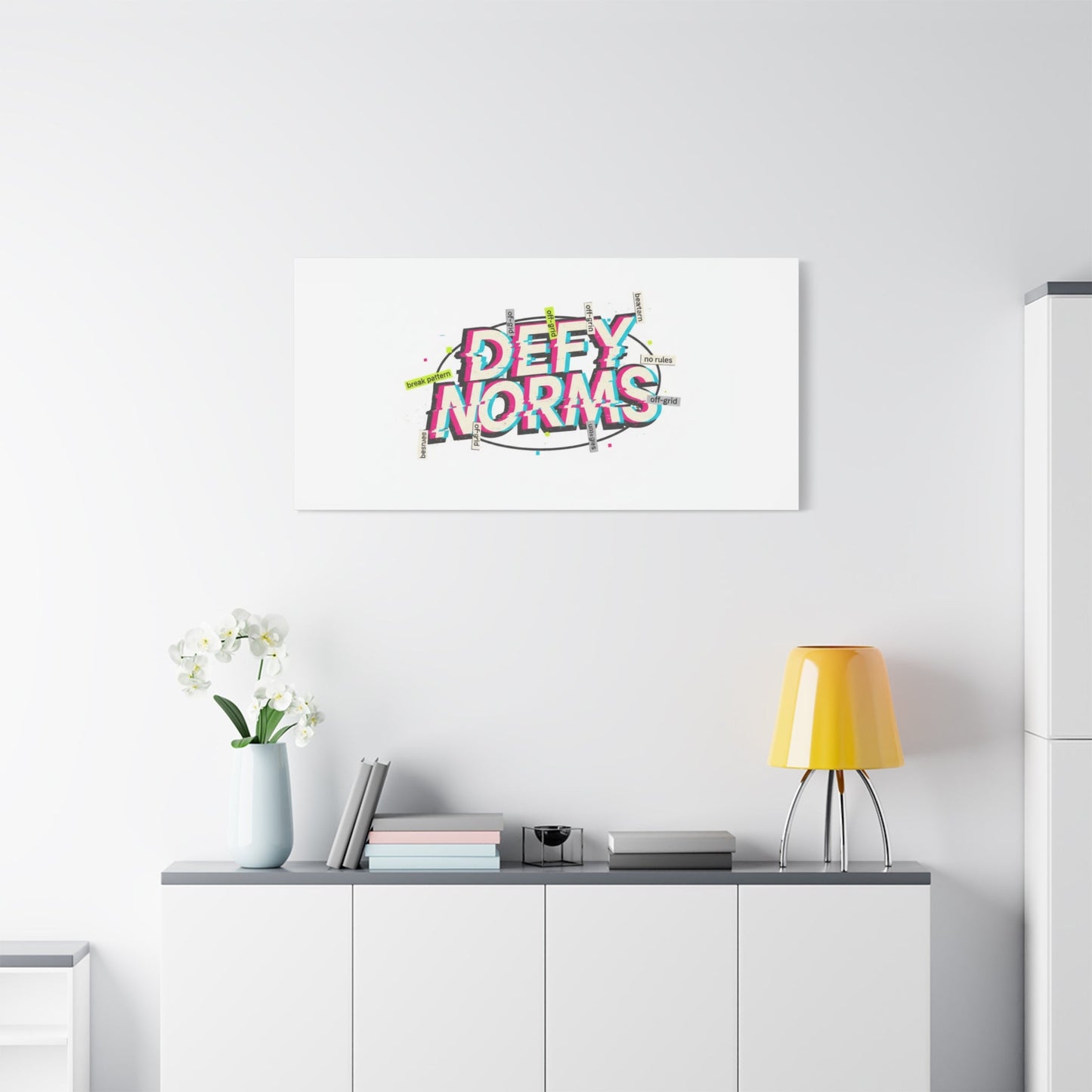Defy Norms Canvas, Anti-Aesthetic Glitch Typography, Brutalist Poster Style
