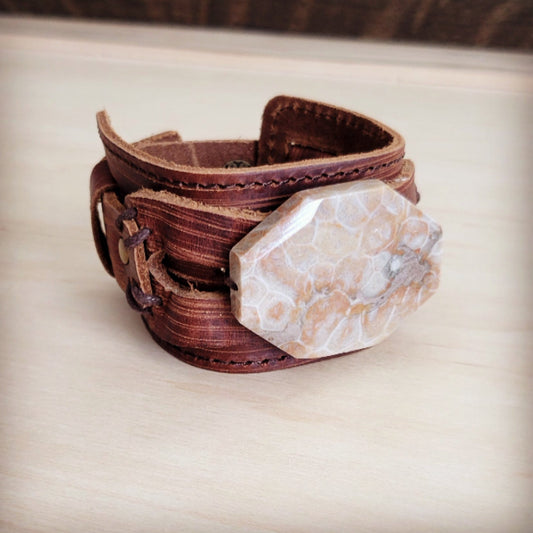 Fossil Corral Stone Wide Leather Cuff Bracelet 001aa