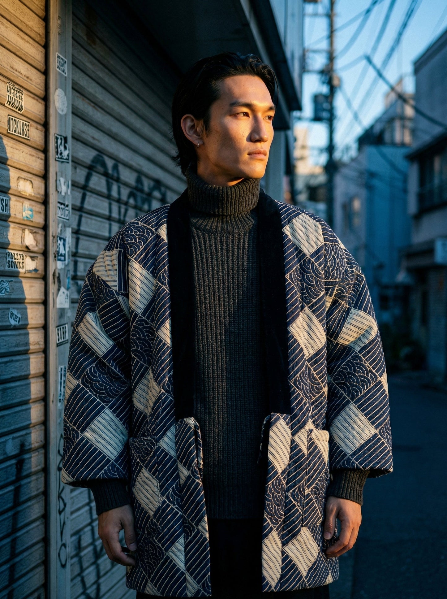 Men's Haori Style Autumn Winter Quilted Jacket Japanese Kimono Coat, Striped Loungewear, Indoor Wear. Lightweight Thermal Japanese Style Cotton Coat