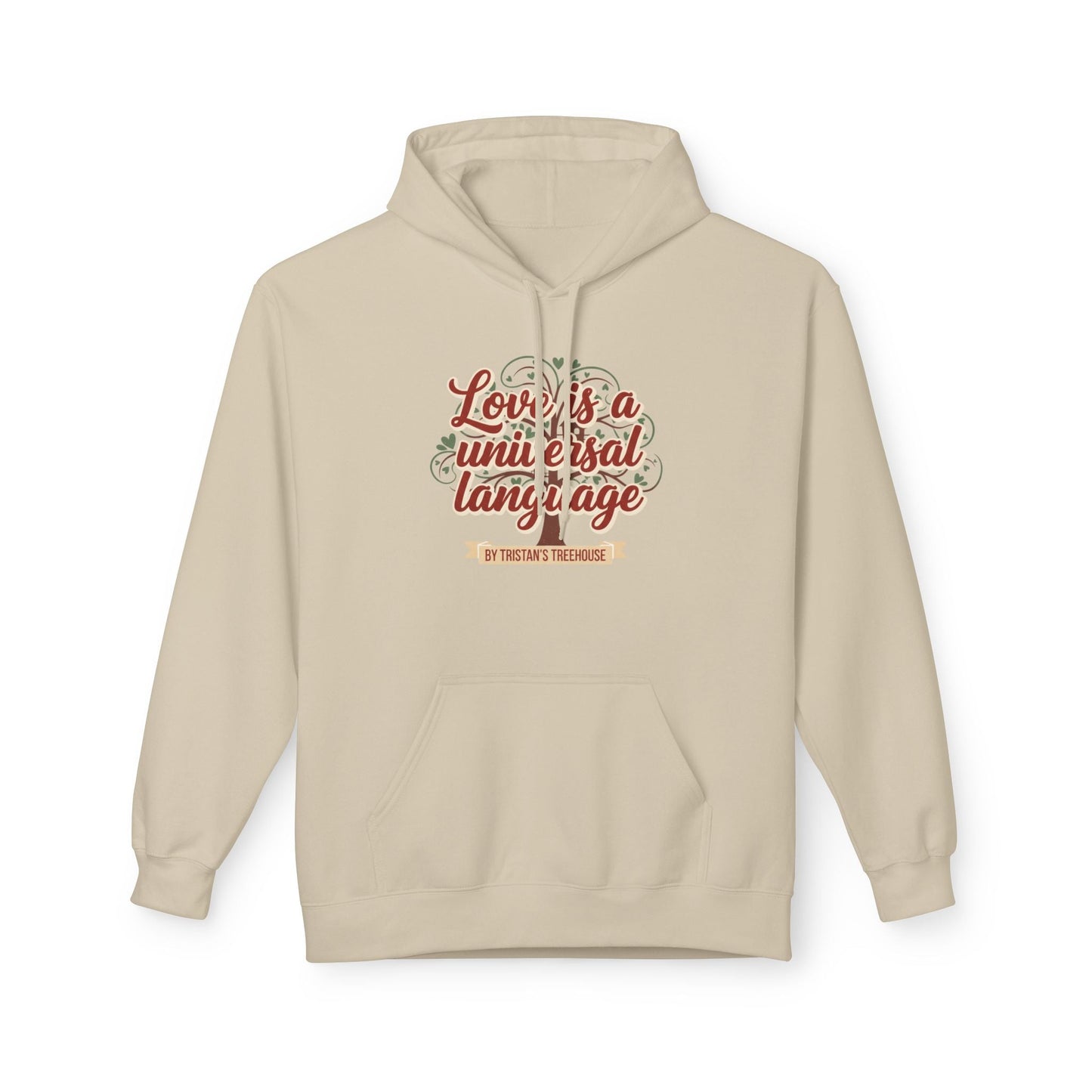 Hoodie — “Love is a Universal Language” Cozy Retro Cabin Graphic Hoodie