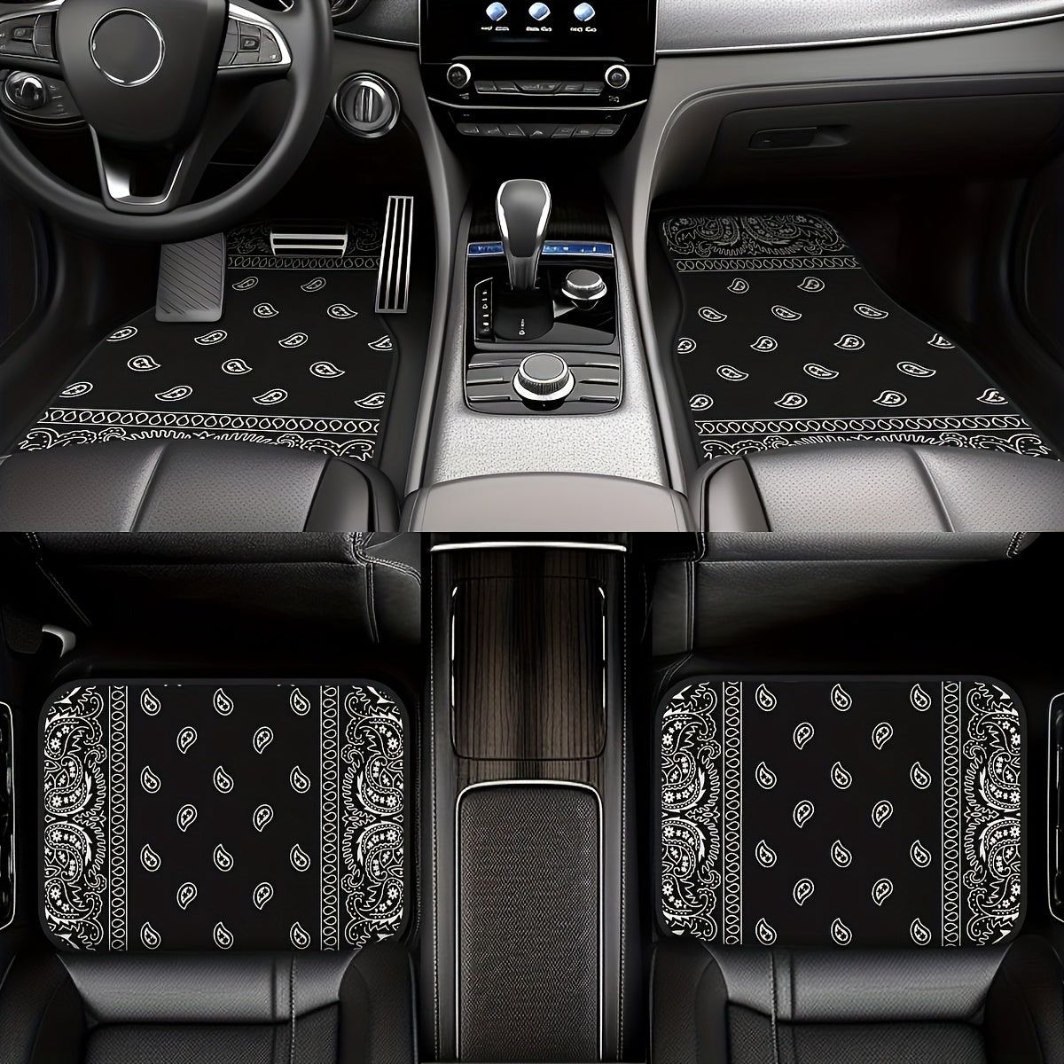 [Black Retro Car Carpets] 4pcs Set Of Black Retro Patterned Car Carpets, Four-season Vehicle Carpets, with Anti-slip Base, Easy to Clean Car Interior Accessories, Suitable for All Car Models