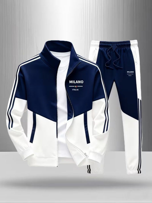 Track Jacket Pants Set Men's Fashion Casual Trendy Street Style Sportswear with MILANO ITALIA Letter Print Color Block Design Striped Pattern Men's Outfits for Adults Men Casual Wear Sportswear