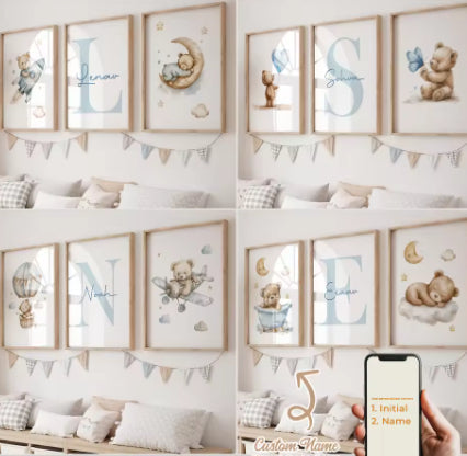 Cute Watercolor Little Bear Cartoon Art Canvas Painting