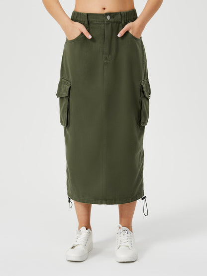 Women's Cargo Long Skirt Casual Streetwear Loose High Waist Front Split Maxi Skirt With Pocket Women's Cargo Long Skirts High Waisted Pencil Skirt Midi Length Jean Skirt With Cargo Pockets