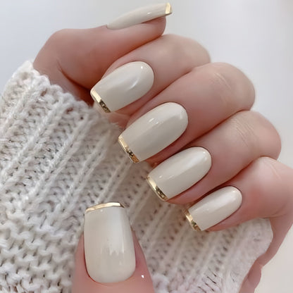 Mid-length European Square Nail Art Patch White French Golden Edge