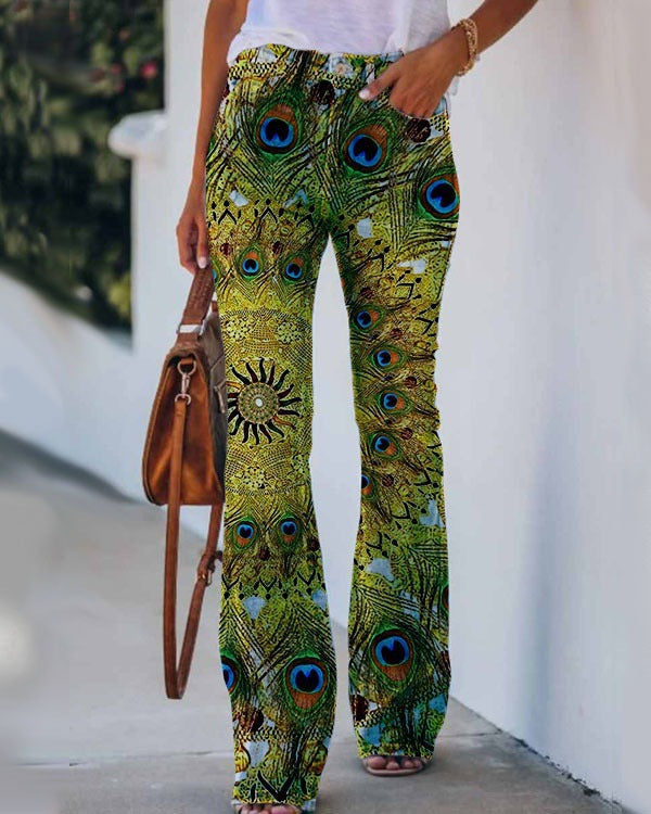 Womens 3D Patterned Flare Jeans - Artistic Printed High-Waisted Denim Trousers