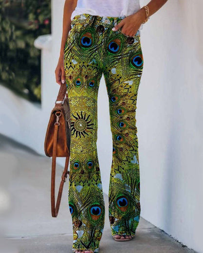 Womens 3D Patterned Flare Jeans - Artistic Printed High-Waisted Denim Trousers