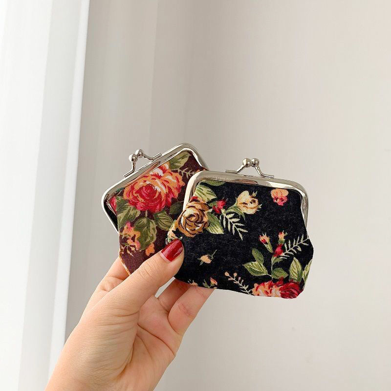 Retro Mini Canvas Coin Purse - Vintage Floral Plaid Small Zipper Wallet Organizer