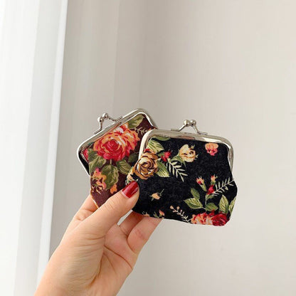 Retro Mini Canvas Coin Purse - Vintage Floral Plaid Small Zipper Wallet Organizer