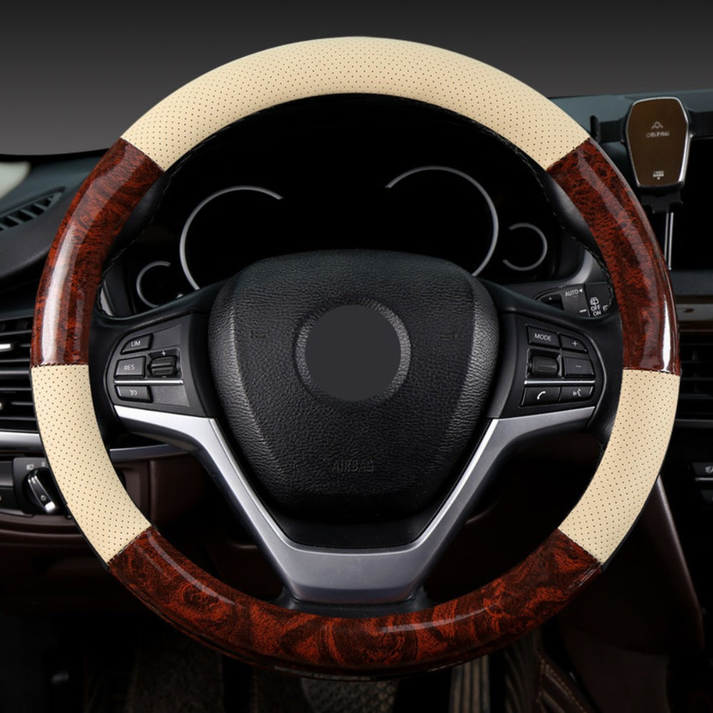 Non-Slip Steering Wheel Cover Compatible for - Breathable Imitation Wood with Red Wood Grain Pattern, Direct Fit Car Steering Grip (No Inner) - Interior Upgrade Wheel Cover