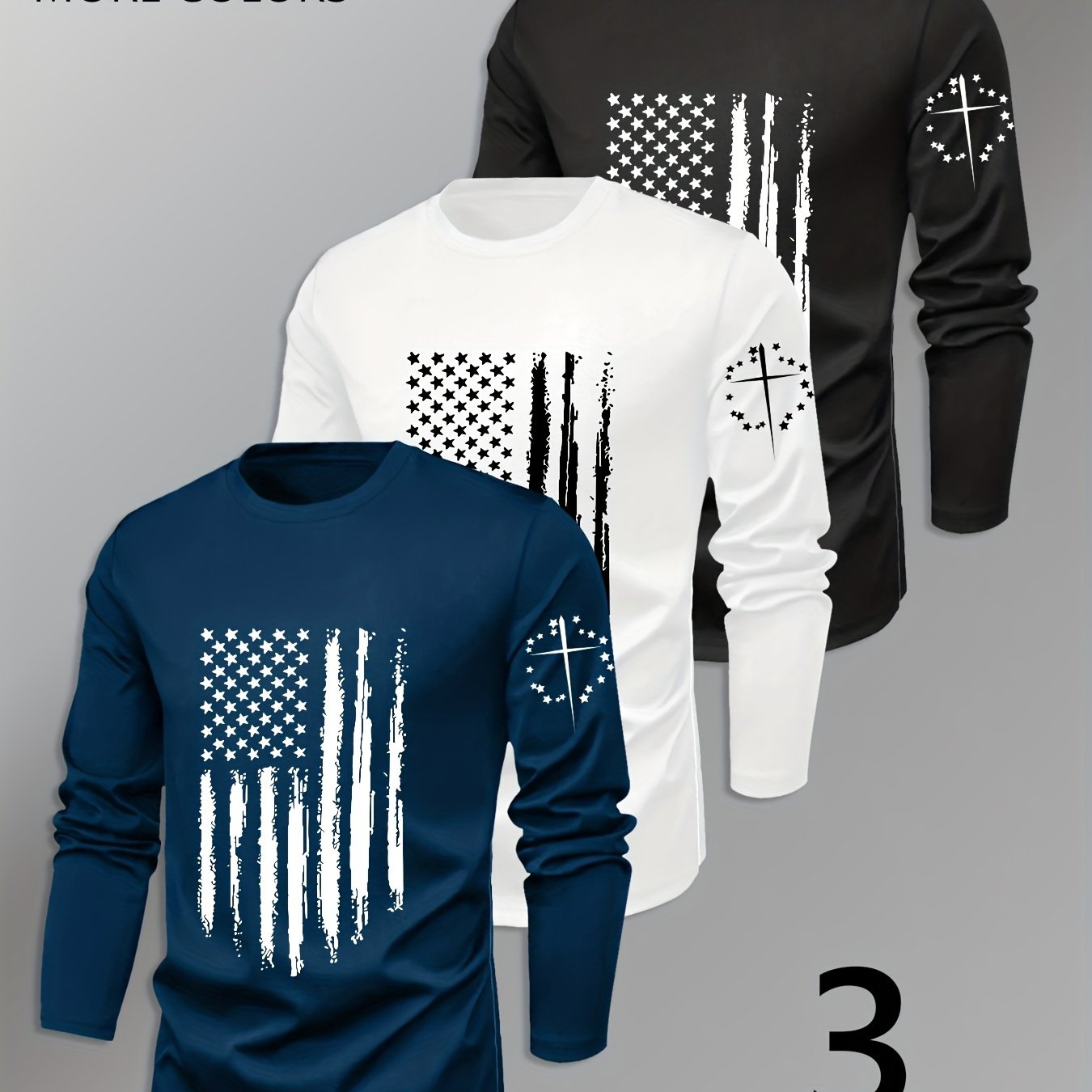 3pcs Men's Navy& Striped Long-Sleeve Tees: Crew Neck, Geometric Flag Pattern. Breathable Quick-Dry, Sweat-Absorbing, Durable Regular Fit. Classic Stylish Sportswear, Comfortable Basic Layer for Home/Daily Wear - Men's Versati