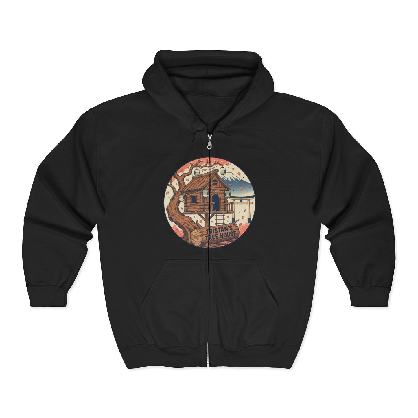 Cabin Vibes Zip Hoodie —Tristan’s Treehouse  Rustic Lakeside Circle Illustration