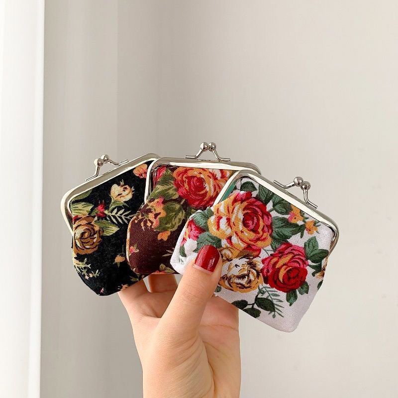 Retro Mini Canvas Coin Purse - Vintage Floral Plaid Small Zipper Wallet Organizer