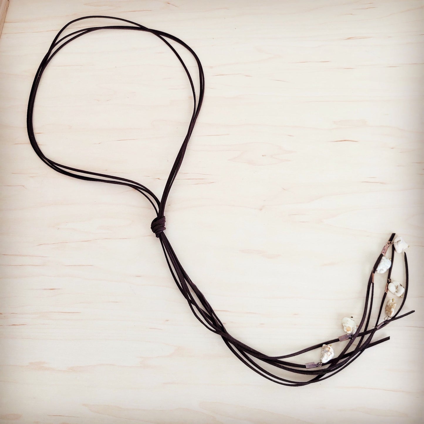 Dark Brown Rustic Knotted Leather Cord Necklace White Turquoise 263m