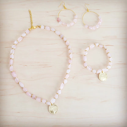 **Rose Quartz Beaded Stretch Bracelet w/ Gold Coin Charm 811u
