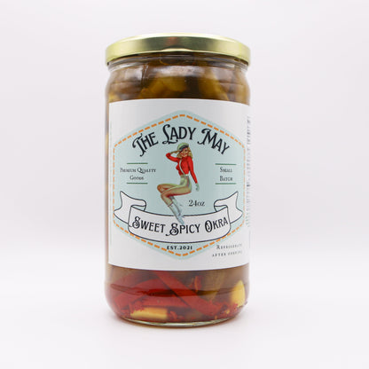 Lady May Sweet & Spicy Pickled Okra – 2 Pack (24oz Jars) – Southern Style Whole Fresh Okra Pods – Small Batch Restaurant Made – Sweet Heat with Jalapeño & Garlic