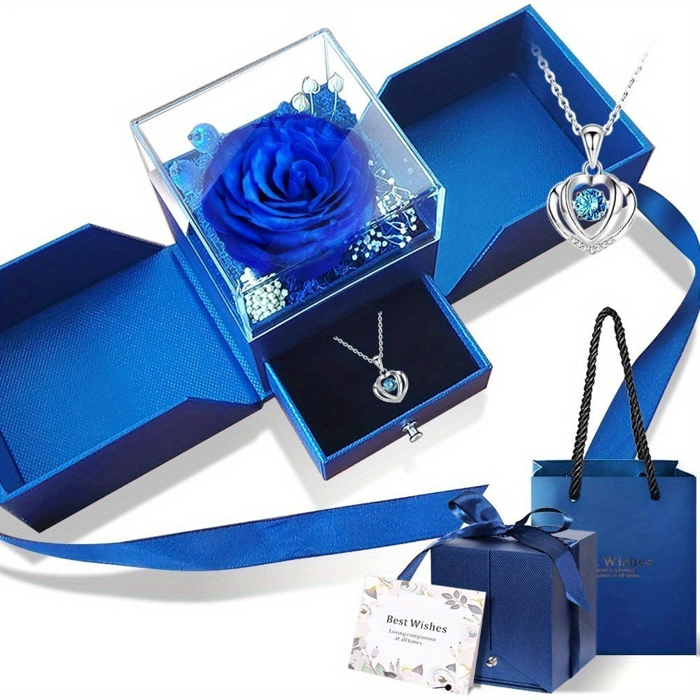 Preserved Real Rose | Perfect Eternal Flowers Rose Gifts with Necklace for Mom, Girlfriend for Mother'S Day, Valentine's, Anniversary, Thanksgiving, or Christmas | Blue Color, Metal Material