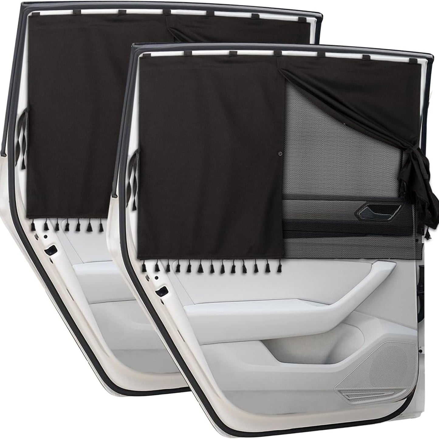 [Magnetic Car Window Shades] 2-Layer Magnetic Car Window Shades - Mesh & Blackout Fabric, Tassel Design for Side/Back Windows - Block UV Rays Privacy Curtain
