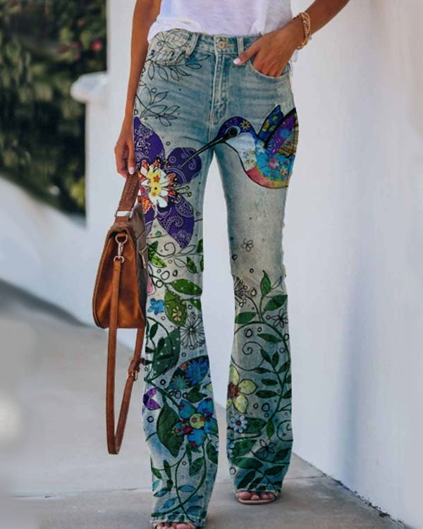 Womens 3D Patterned Flare Jeans - Artistic Printed High-Waisted Denim Trousers