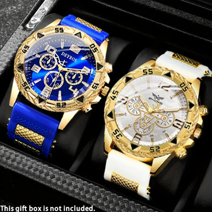 2pcs Men'S Luxury Watches | Golden/Tone Dial, Quartz Movement, Non-water Resistant, Zinc Alloy Case, Silica Gel Strap - Ideal for Business, Sports, Everyday Use | Perfect Gift for Dad, Husband, Boyfriend on Birthday, Father'S