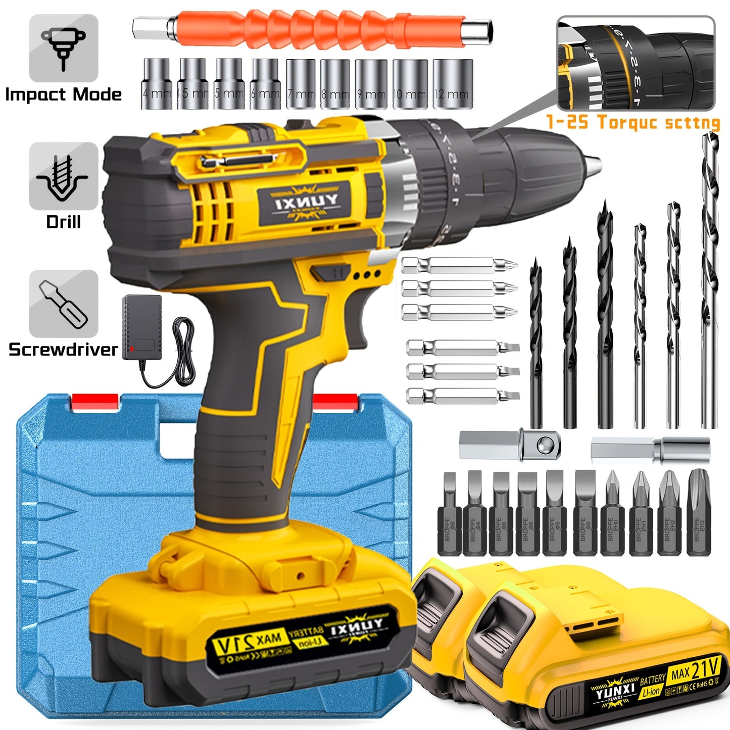 21V Multi-function Impact Drill Set Wireless Power w/ Battery And Quick Charger