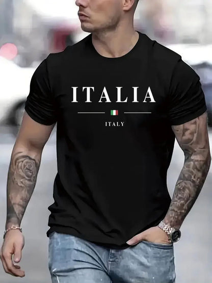 ITALIA Mens TShirt Comfortable Crew Neck Casual Cotton ShortSleeves Soft Breathable Top Menswear Tshirt Summer Spring Streetwear Cotton Fabric Trendy Letter Print