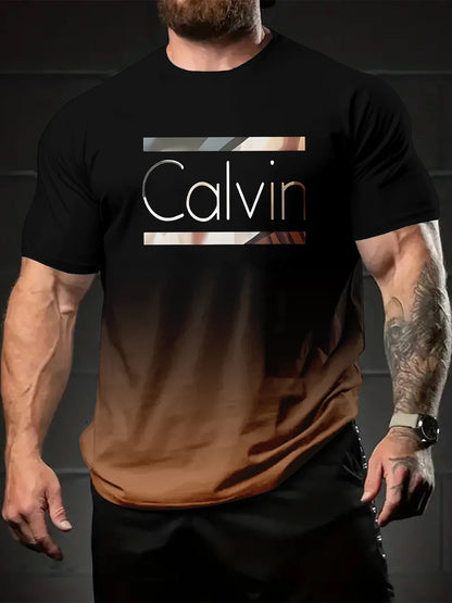 Summer Men'S 3D Digital Printing, Cool Gradual Change: "Calvin" Printed T-Shirt, Casual And Comfortable Versatile Men'S Round Neck Short Sleeves, Suitable for Daily And Sports Wear