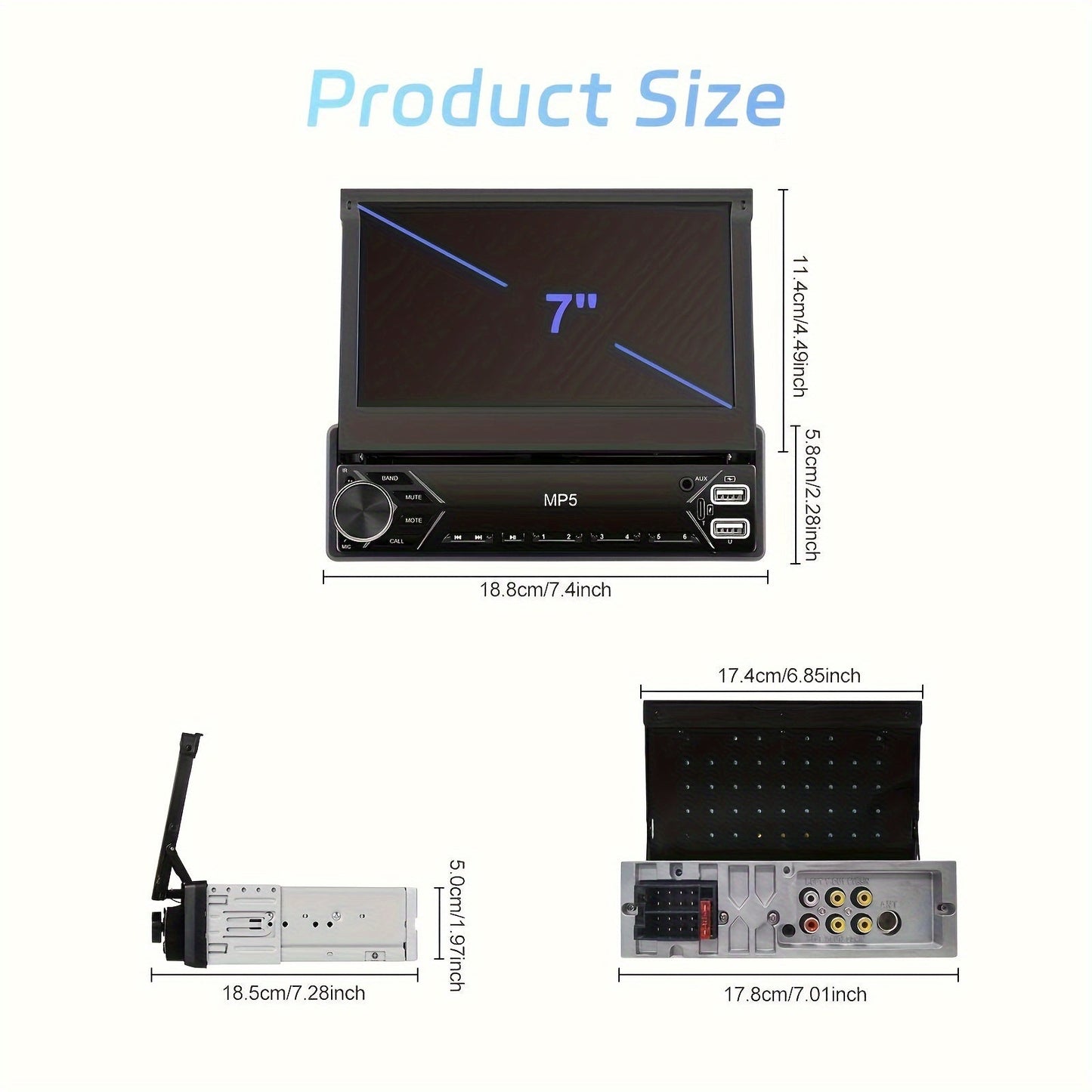7" HD Retractable Touch Screen Car Stereo - Single Din MP5 Player with Mirror Link