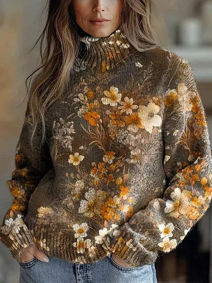 Elegant 3D Floral Print Turtleneck Sweater - Cozy Long Sleeve Pullover