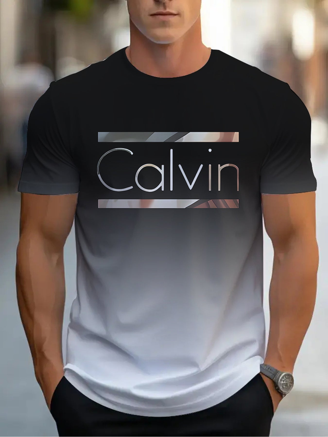 Summer Men'S 3D Digital Printing, Cool Gradual Change: "Calvin" Printed T-Shirt, Casual And Comfortable Versatile Men'S Round Neck Short Sleeves, Suitable for Daily And Sports Wear