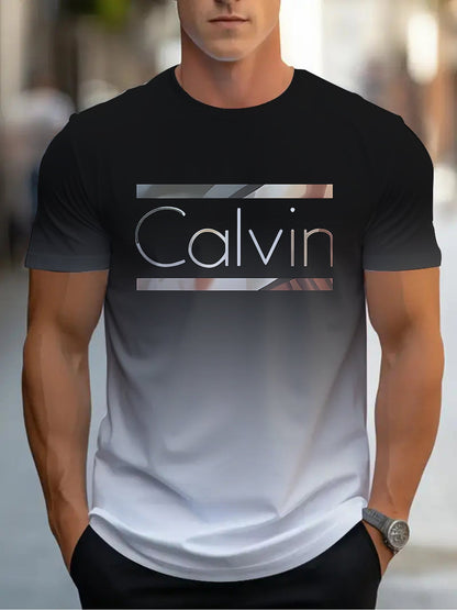 Summer Men'S 3D Digital Printing, Cool Gradual Change: "Calvin" Printed T-Shirt, Casual And Comfortable Versatile Men'S Round Neck Short Sleeves, Suitable for Daily And Sports Wear